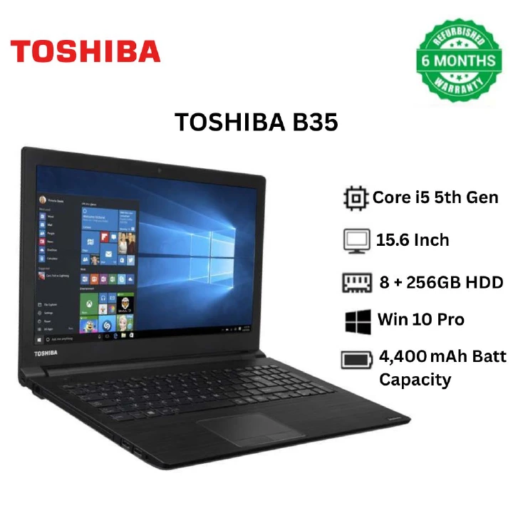 TOSHIBA B35 15.6 inch HD display Laptop Intel Core i5 5200U 5th Gen, 8GB RAM  256GB HDD Windows 10 Pro HDMI USB ports DVD Drive 64 bit Slim and Lightweight laptop business student laptop