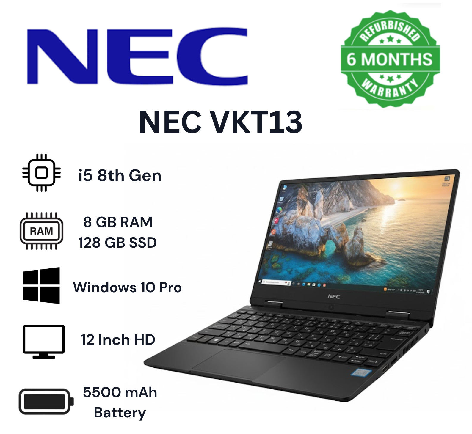 Refurbished NEC VKT13 laptop Intel Core i5 8th Gen 4CPUs 8GB RAM 128GB SSD 12 inch Display HD Webcam Windows 10 Pro student business laptop fingerprint sensor High Performance