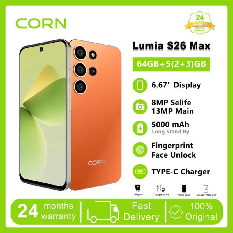 CORN LUMIA S26 Max 64GB + 5GB (2+3 Extended) RAM 6.6-inch HD Waterdrop Screen display  13MP Main + 8MP Front Camera 5000mAh Battery Dual SIM Face ID GPS OTG Unlocked Android Smartphone