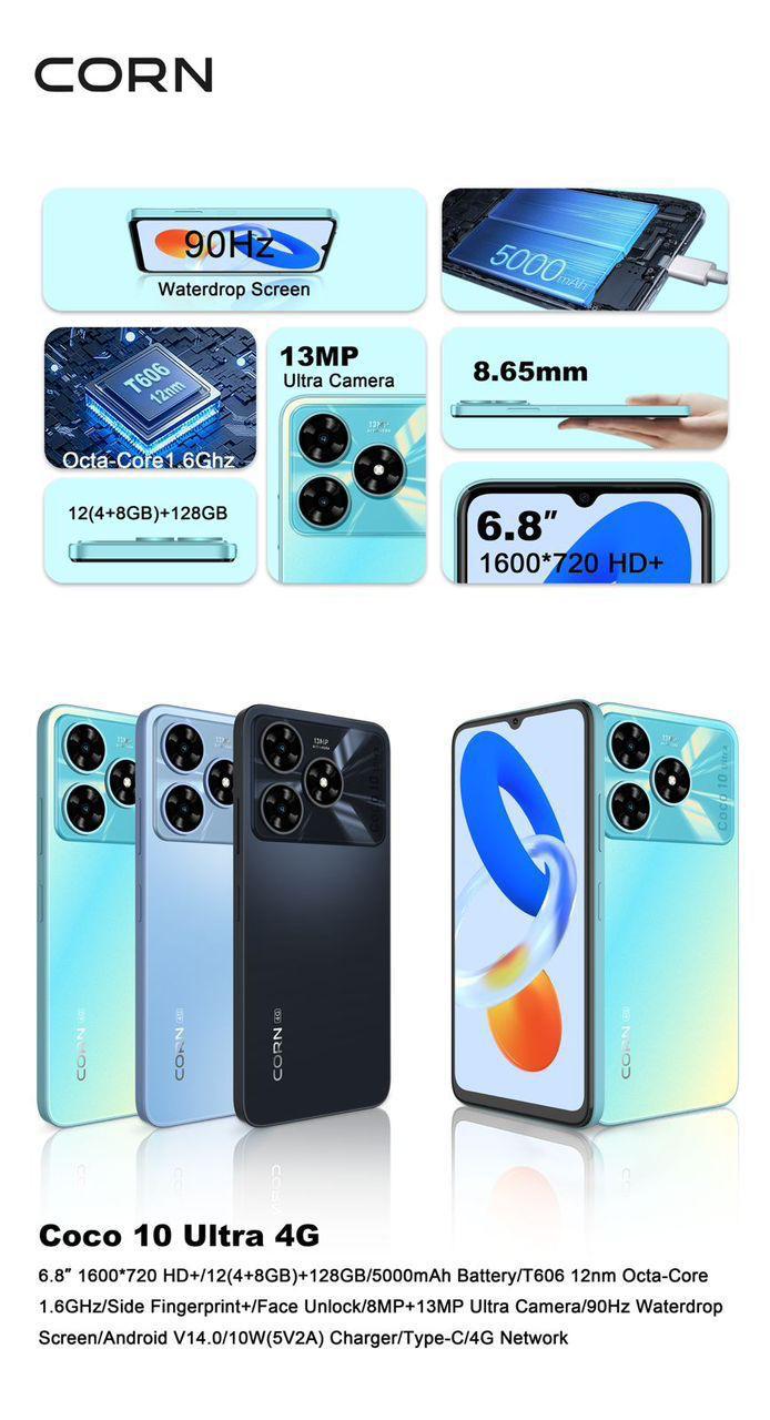 CORN COCO 10 ULTRA 128GB ROM + 12GB RAM (4+8) RAM 6.8' INCH 6.8-inch HD+ Waterdrop screen Display 13MP Main +8MP Front Camera 5000mAh Strong Battery 4G Dual SIM Type-C Fast Charging Android Smartphone