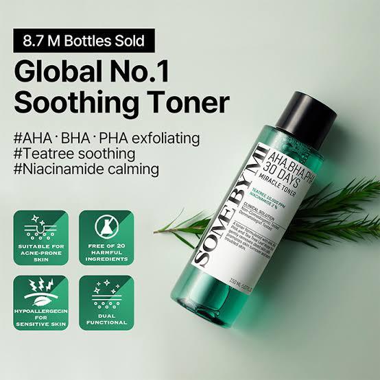 SOME BY MI 30 Days Soothing Miracle Toner AHA BHA PHA Teatree Leaf 10000ppm Niacinamide 2% Clinical Solution Dermatologist Tested for Skin Turnover Gentle Exfoliation Clear Skin