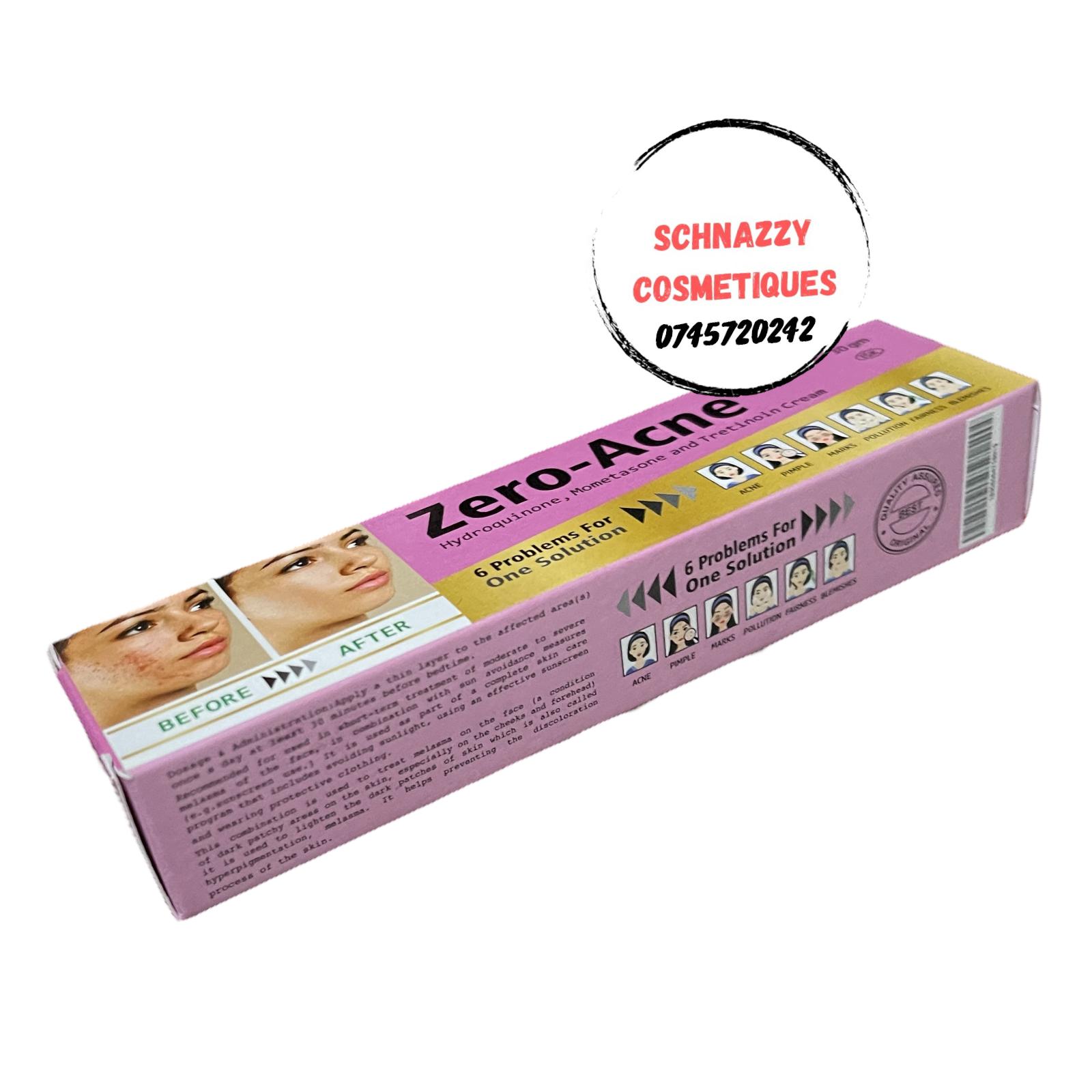 ZERO-ACNE Hydroquinone Mometasone and Tretinoin Cream 6 Problems in 1 Solution : Acne Pimple Marks Pollution Fairness Blemishes 30gms Apply Daily at Bedtime Short Term Treatment Melasma Discolorations