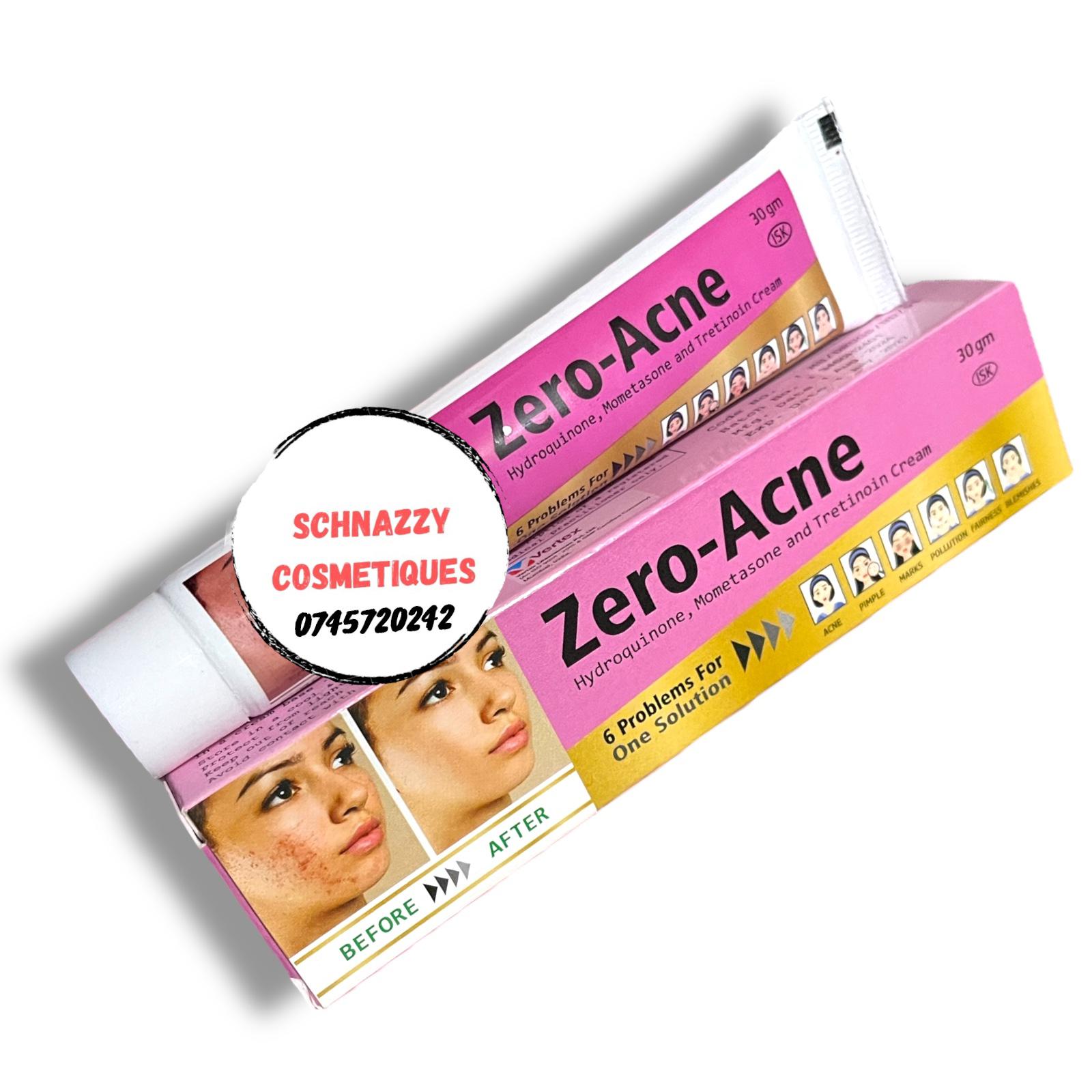 ZERO-ACNE Hydroquinone Mometasone and Tretinoin Cream 6 Problems in 1 Solution : Acne Pimple Marks Pollution Fairness Blemishes 30gms Apply Daily at Bedtime Short Term Treatment Melasma Discolorations