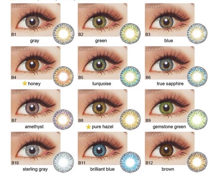1 Pair Beauty Eye Contact Lens Set (7 Items in Box) Lens Color Blends Eye Contacts (Blue Green Grey Brown Honey Turquoise Amethyst Pure Hazel True Sapphire Sterling Gray Brilliant Blue Gemstone Green)