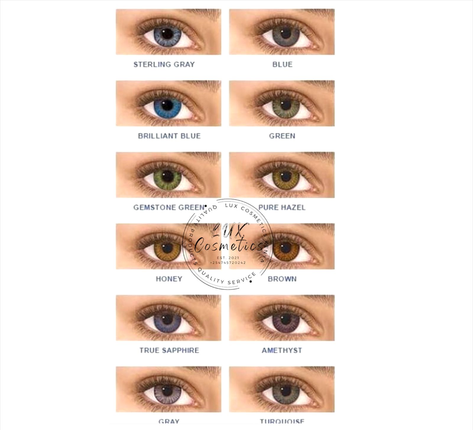 1 Pair Beauty Eye Contact Lens Set (7 Items in Box) Lens Color Blends Eye Contacts (Blue Green Grey Brown Honey Turquoise Amethyst Pure Hazel True Sapphire Sterling Gray Brilliant Blue Gemstone Green)