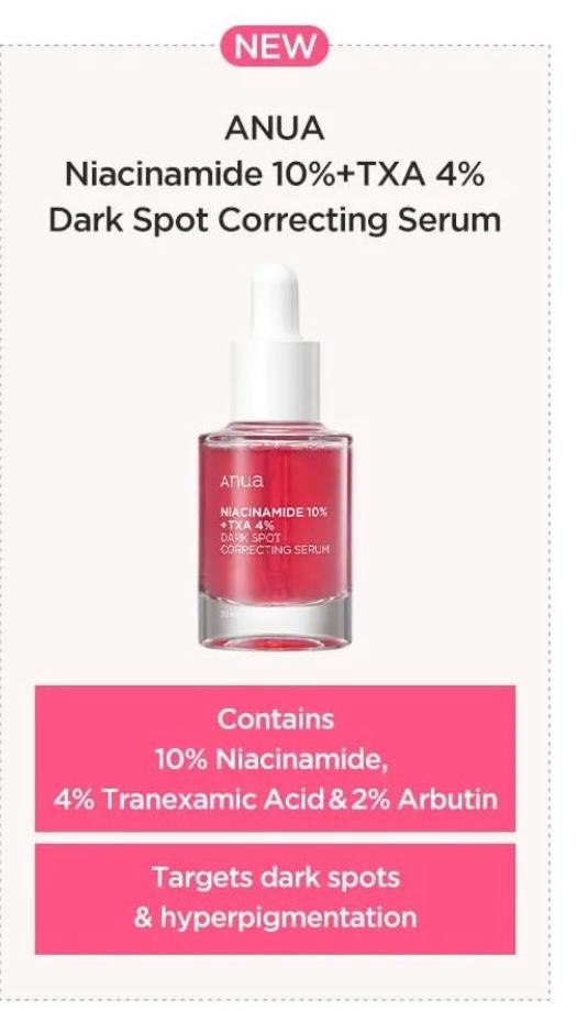 ANUA Dark Spot Correcting Serum 10% Niacinamide + 4% Tranexamic Acid and Arbutin for post acne scars, hyperpigmentation and sun spots. Brightens dull skin, even skin tone and minimise enlarged pores
