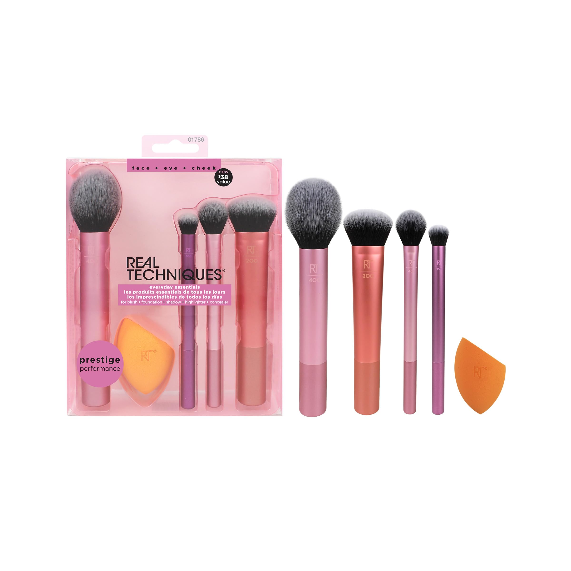 Real Technique Everyday Essentials Set: 400 Blush Brush, 300 Deluxe Creasing Brush, 402 Setting Brush, 200 Expert Face Brush + Miracle Complexion Sponge