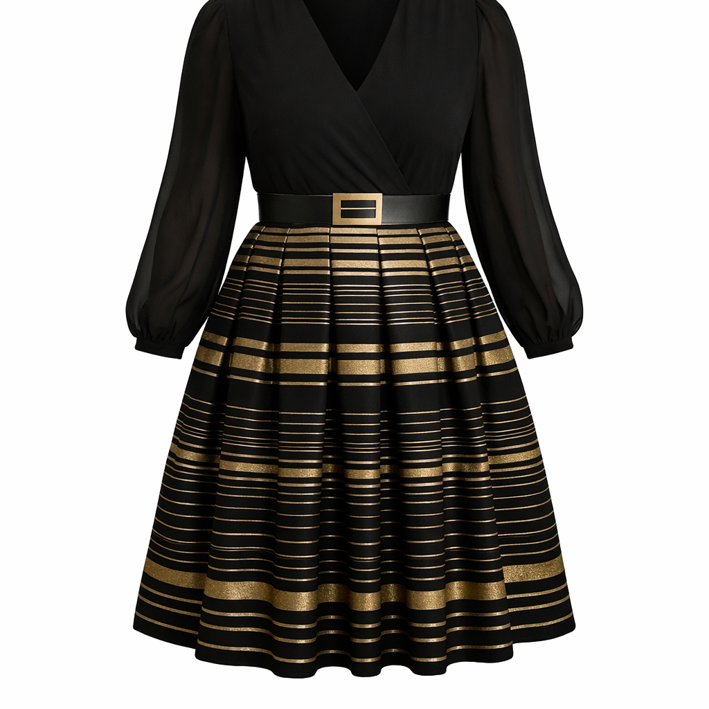 Elegant Goldline Office Midi Dress for Office and work V-shaped with a Belt size M-3XL
