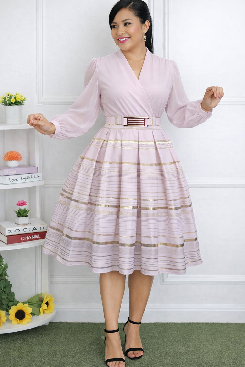 Elegant Goldline Office Midi Dress for Office and work V-shaped with a Belt size M-3XL