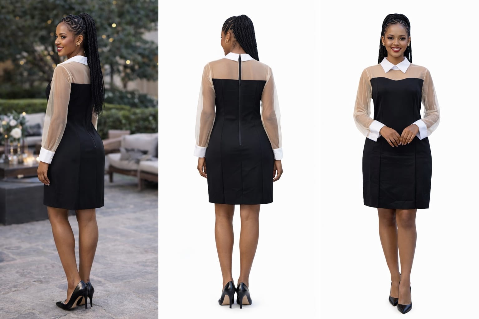 Elegant Black Mini Dress with Sheer Shirt‑Style Collar & Sleeves – Classic Office‑to‑Evening Look | Stylish Fit & Flare Design