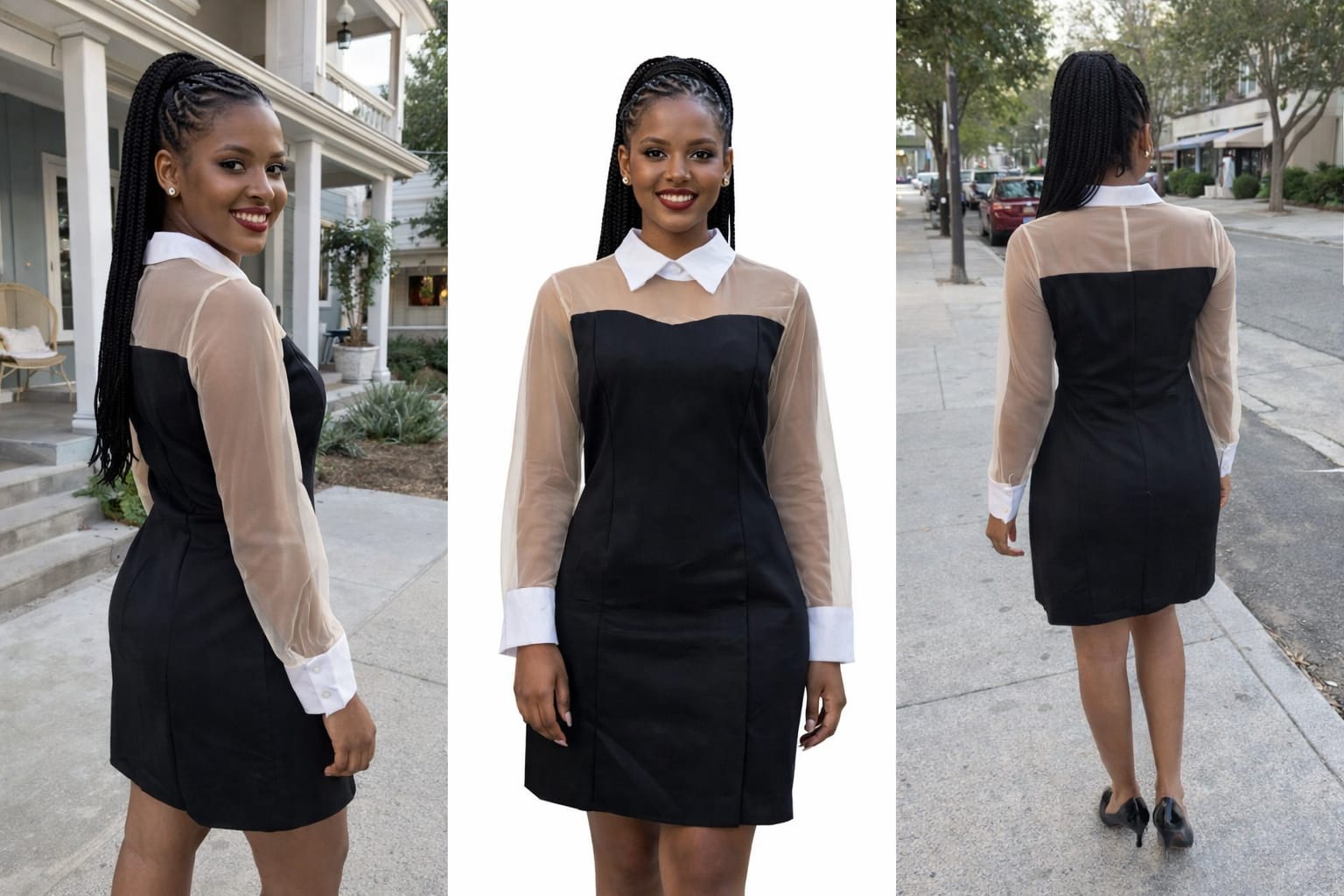 Elegant Black Mini Dress with Sheer Shirt‑Style Collar & Sleeves – Classic Office‑to‑Evening Look | Stylish Fit & Flare Design