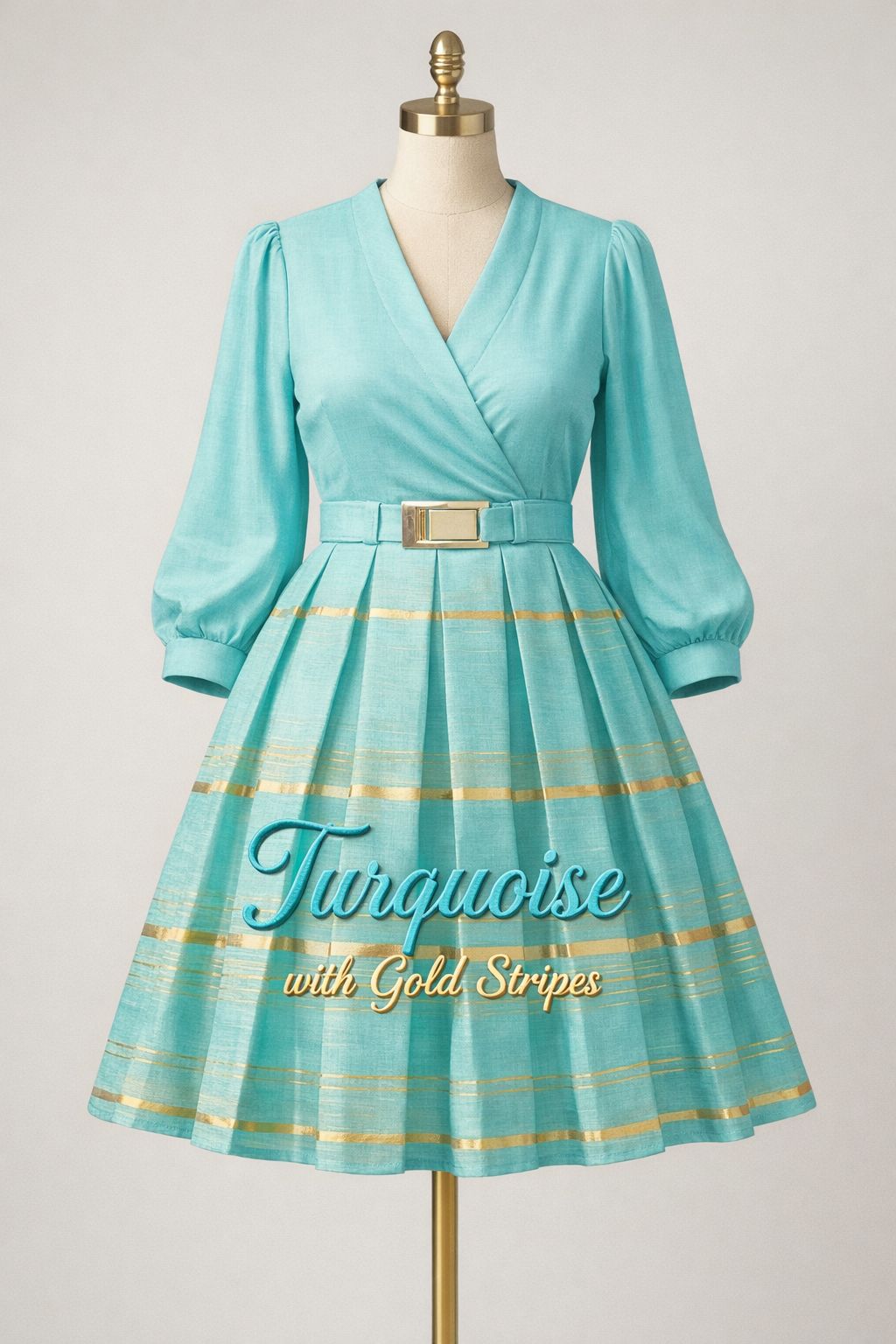 Elegant Goldline Office Midi Dress for Office and work V-shaped with a Belt size M-3XL