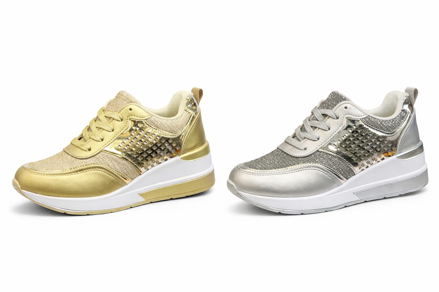 Classic Unisex Fashion Wedge Sneakers/Platform Sneakers with a Gold and Silver Finish Size 36-41