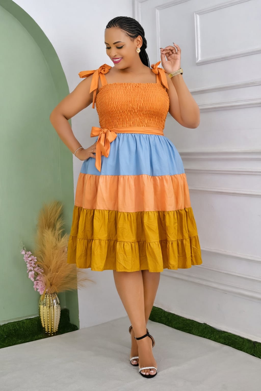 Elegant Block Colors Bow Strap Tiered Summer Dress sizes L-2XL