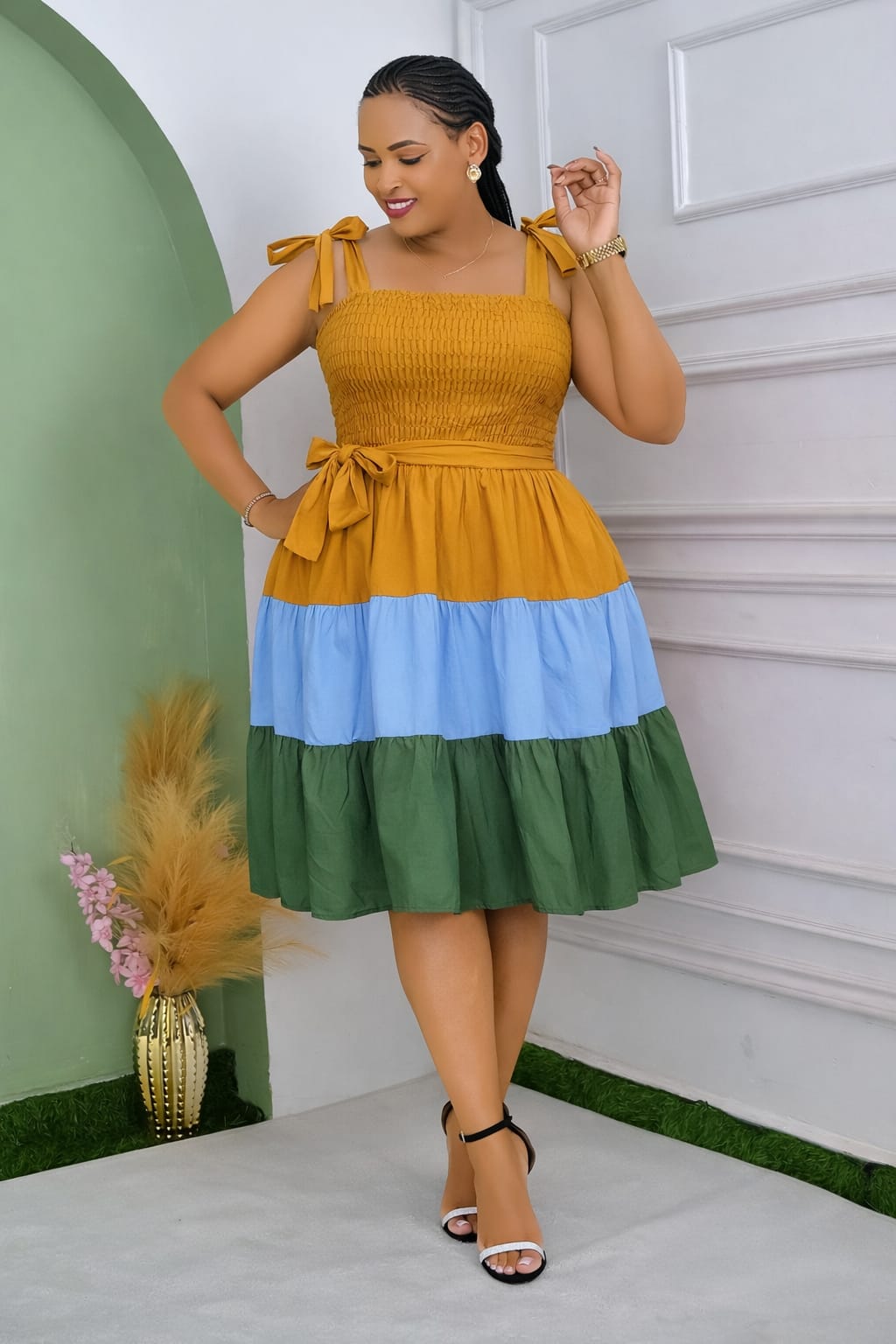 Elegant Block Colors Bow Strap Tiered Summer Dress sizes L-2XL