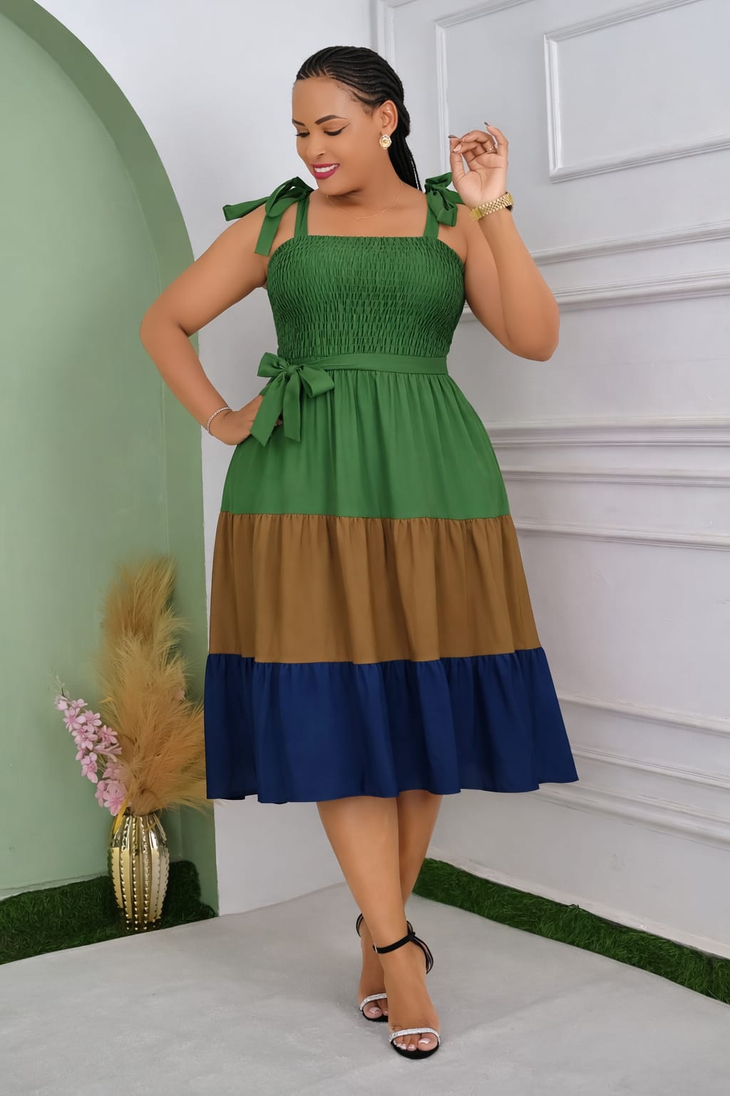 Elegant Block Colors Bow Strap Tiered Summer Dress sizes L-2XL