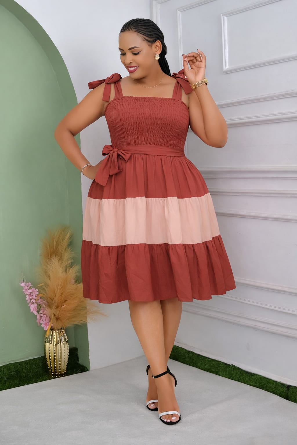 Elegant Block Colors Bow Strap Tiered Summer Dress sizes L-2XL