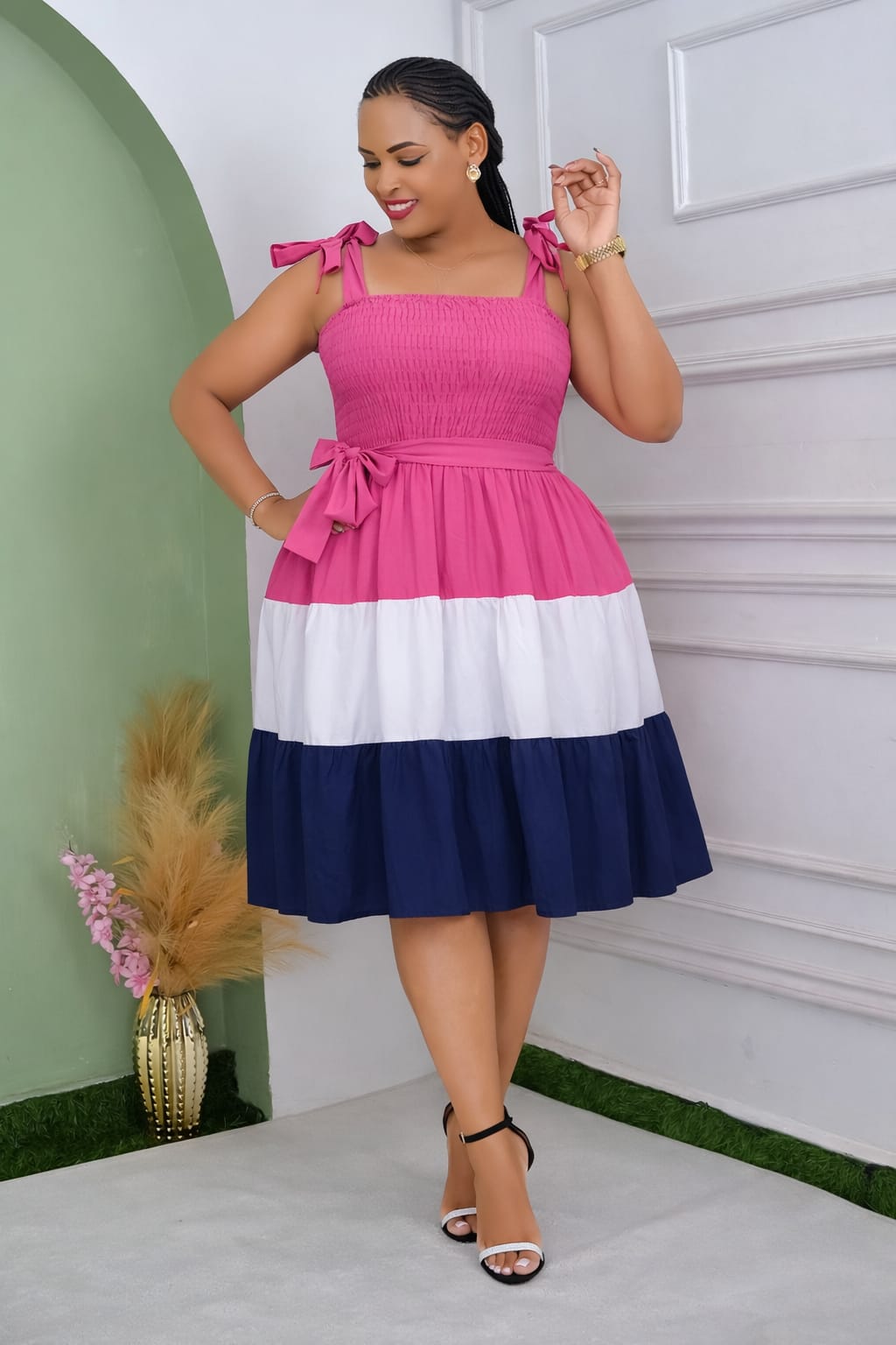 Elegant Block Colors Bow Strap Tiered Summer Dress sizes L-2XL