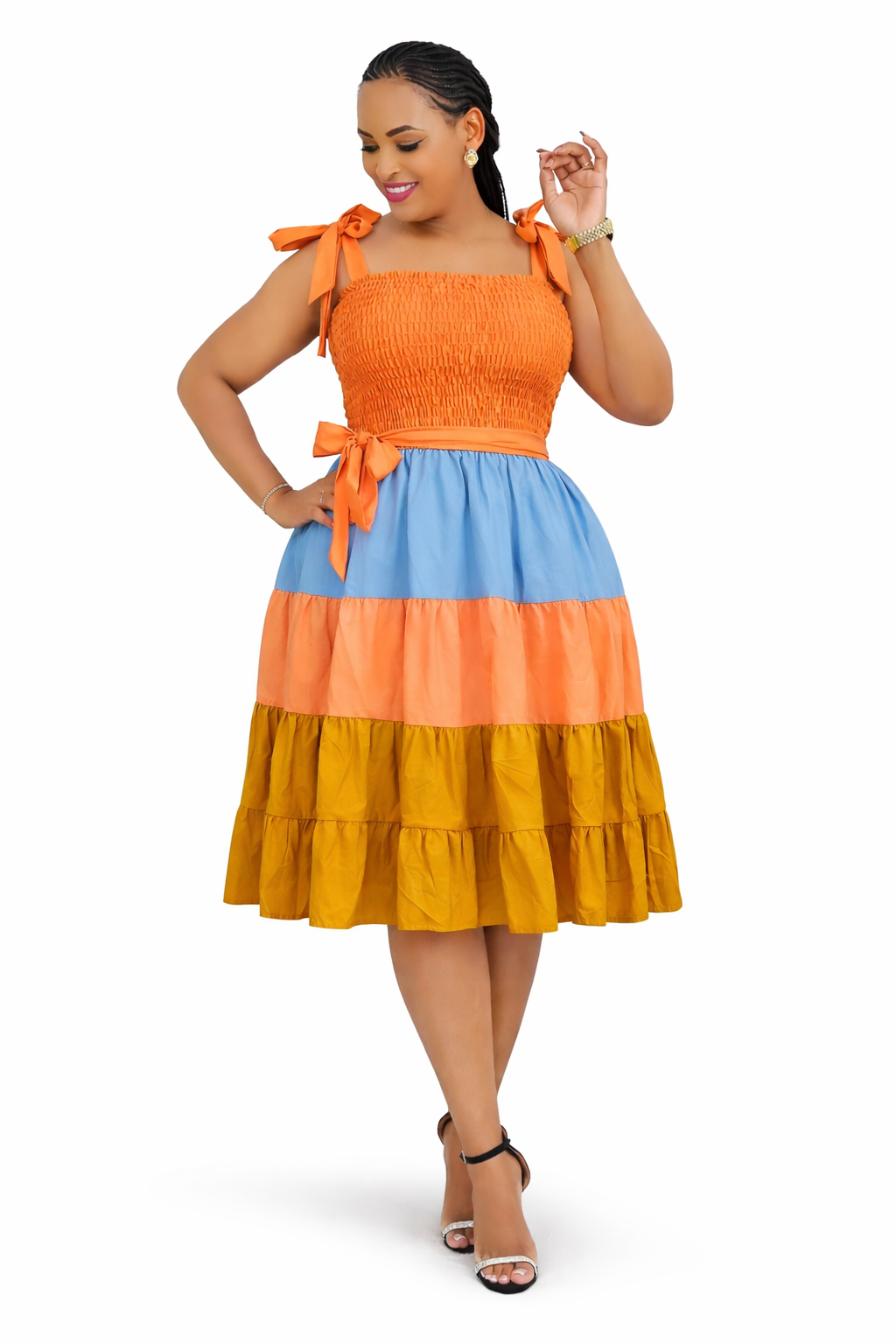 Elegant Block Colors Bow Strap Tiered Summer Dress sizes L-2XL