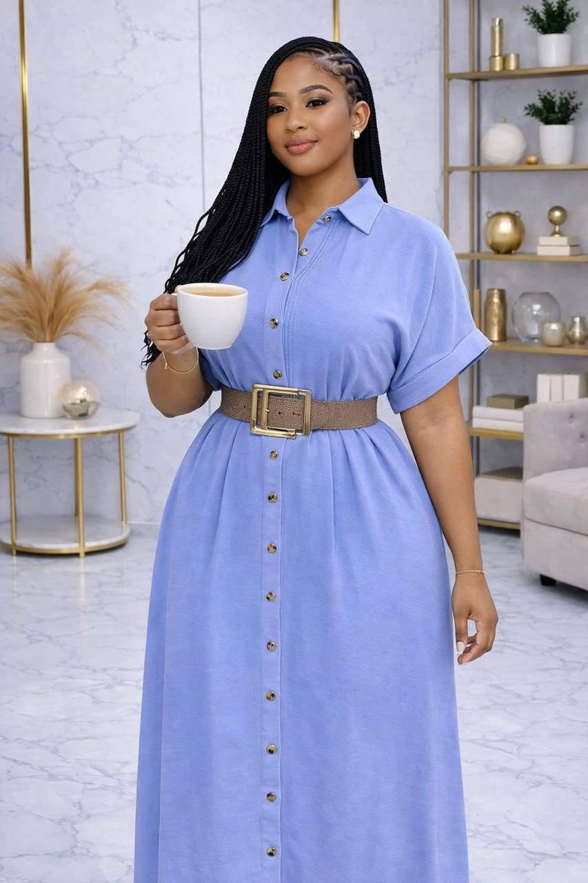 Elegant Belted Button-Down Maxi Shirt Dress – Flowy High-Waist Casual & Office Wear