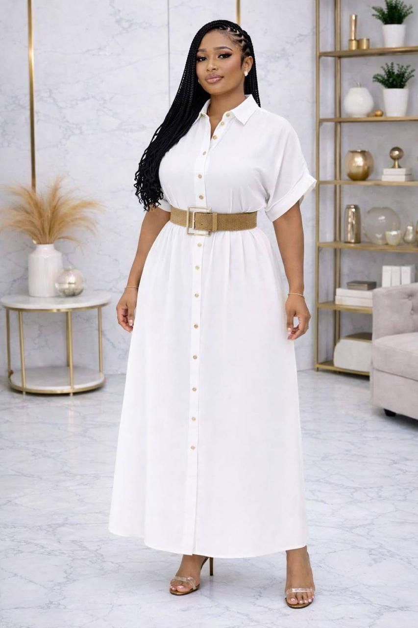 Elegant Belted Button-Down Maxi Shirt Dress – Flowy High-Waist Casual & Office Wear