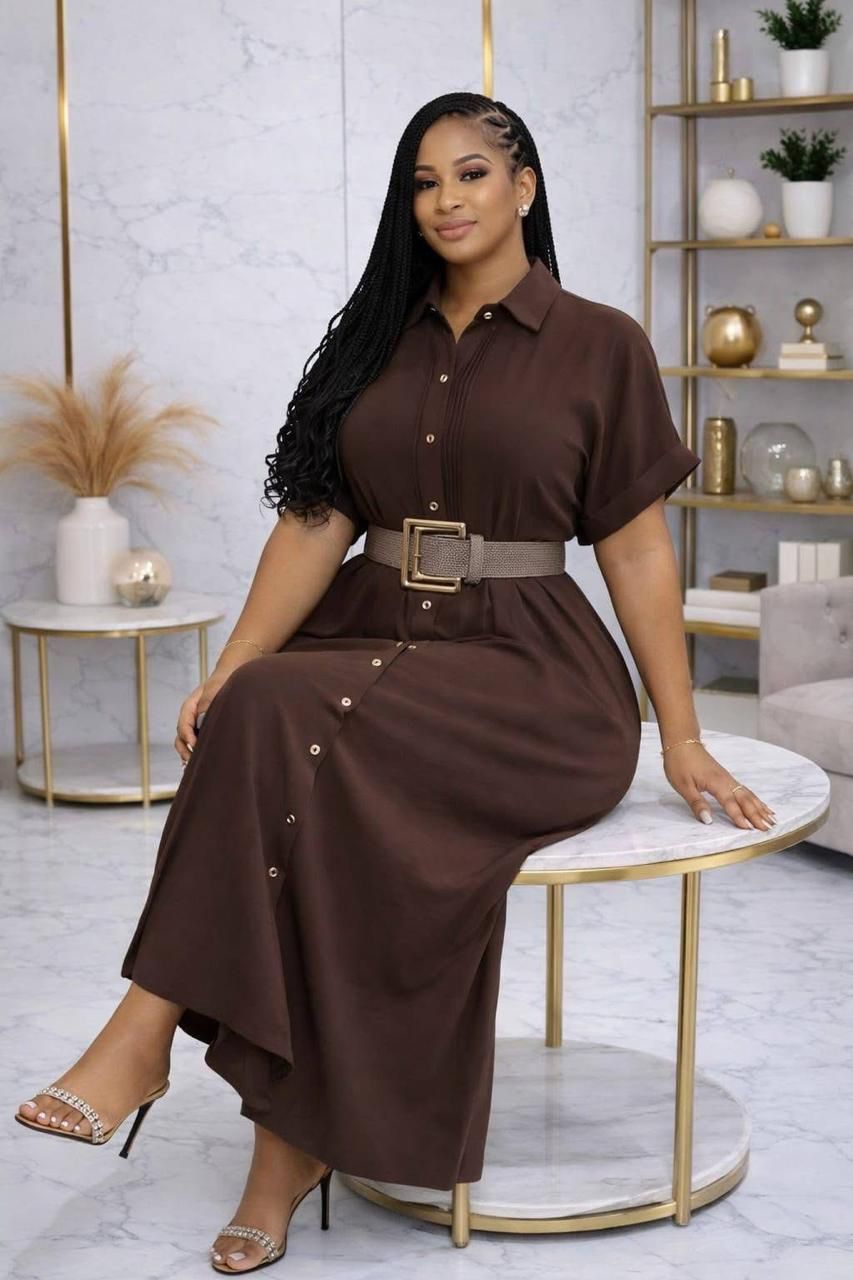 Elegant Belted Button-Down Maxi Shirt Dress – Flowy High-Waist Casual & Office Wear