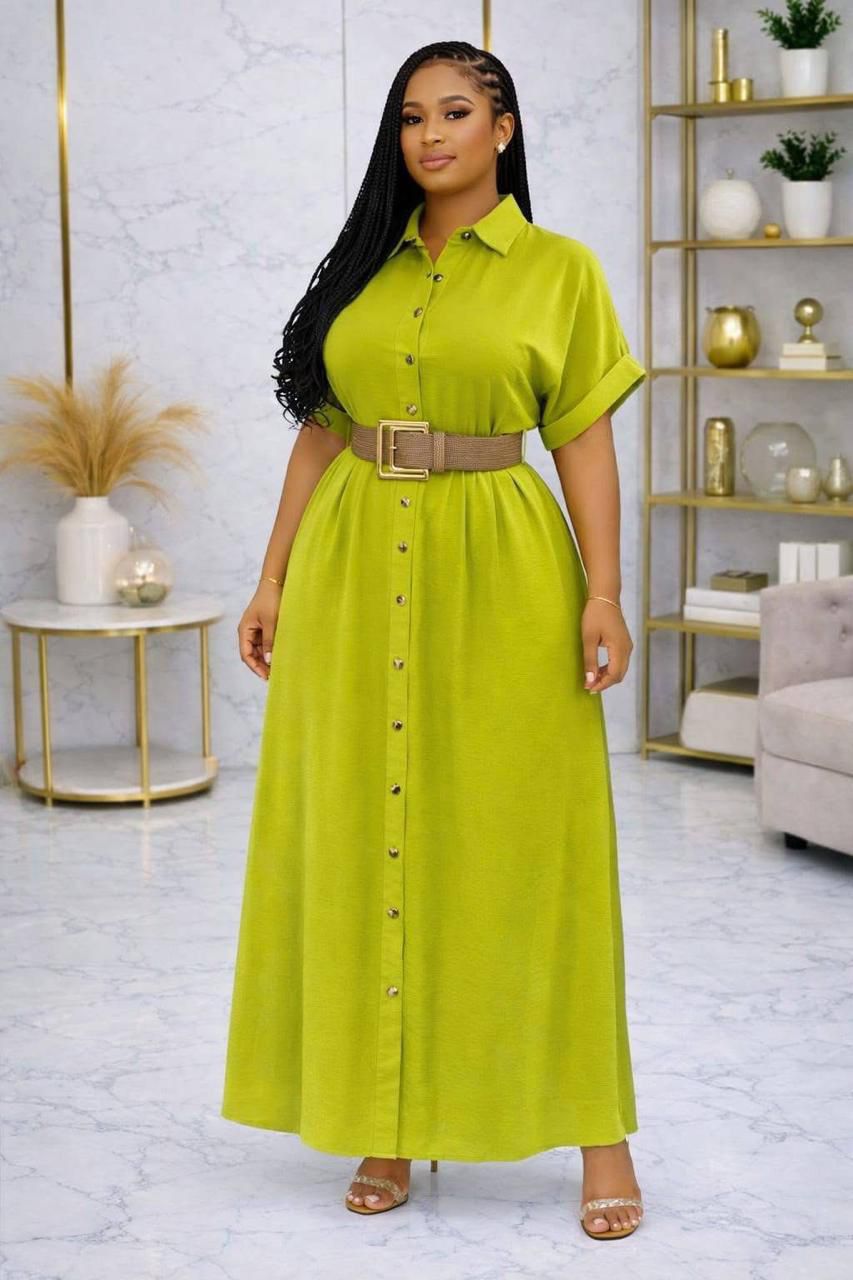 Elegant Belted Button-Down Maxi Shirt Dress – Flowy High-Waist Casual & Office Wear