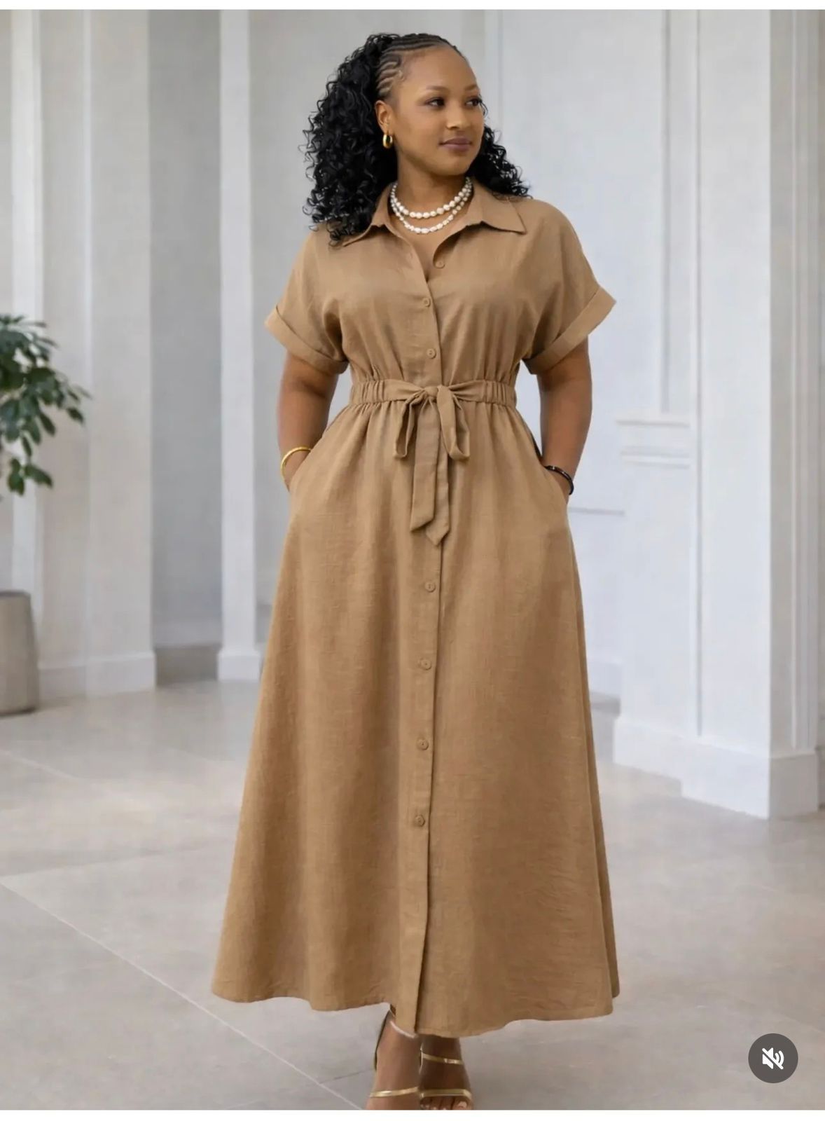 Elegant Short‑Sleeve Button‑Down Midi Dress with Waist Tie- Linen maxi dresses M to XL