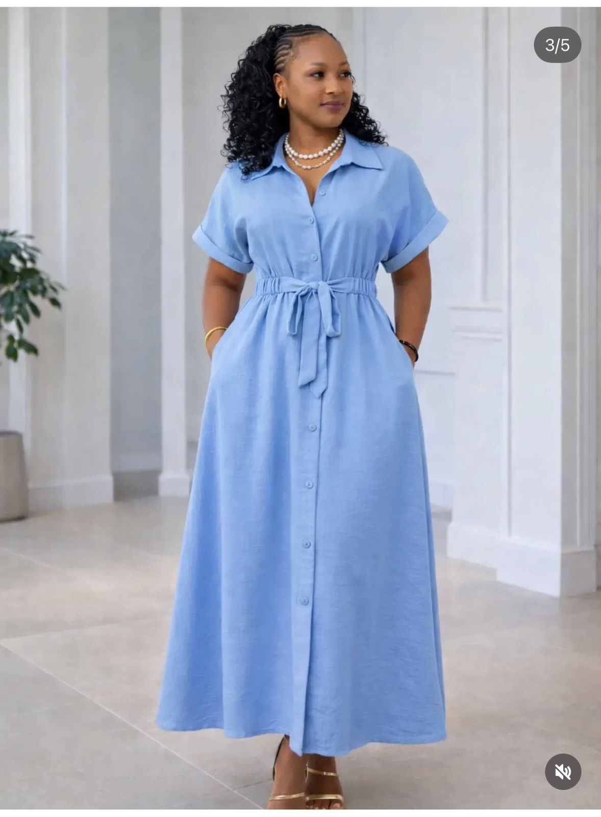Elegant Short‑Sleeve Button‑Down Midi Dress with Waist Tie- Linen maxi dresses M to XL