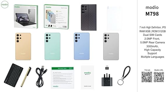 Modio M798 Tablet, 7-inch IPS Display, 8GB+512GB, Android 13, Dual SIM, 3000mAh Battery with Keyboard and Mouse