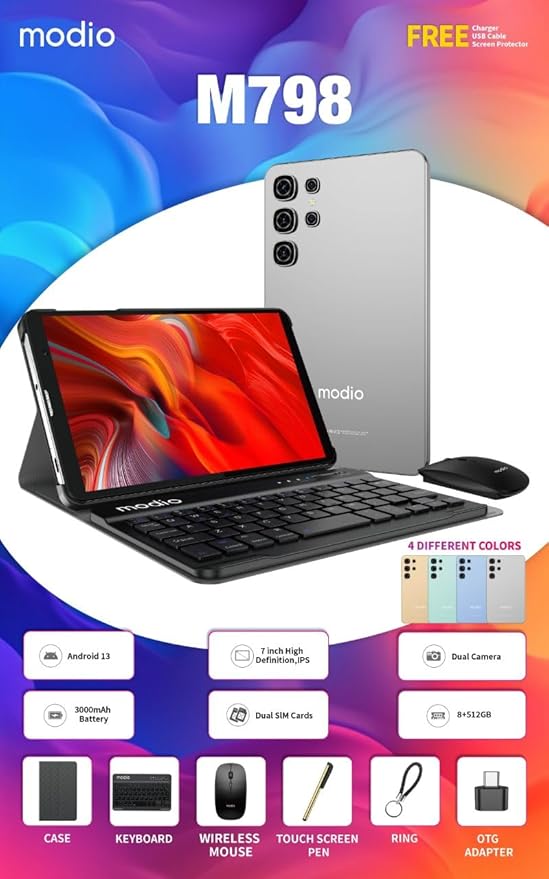 Modio M798 Tablet, 7-inch IPS Display, 8GB+512GB, Android 13, Dual SIM, 3000mAh Battery with Keyboard and Mouse