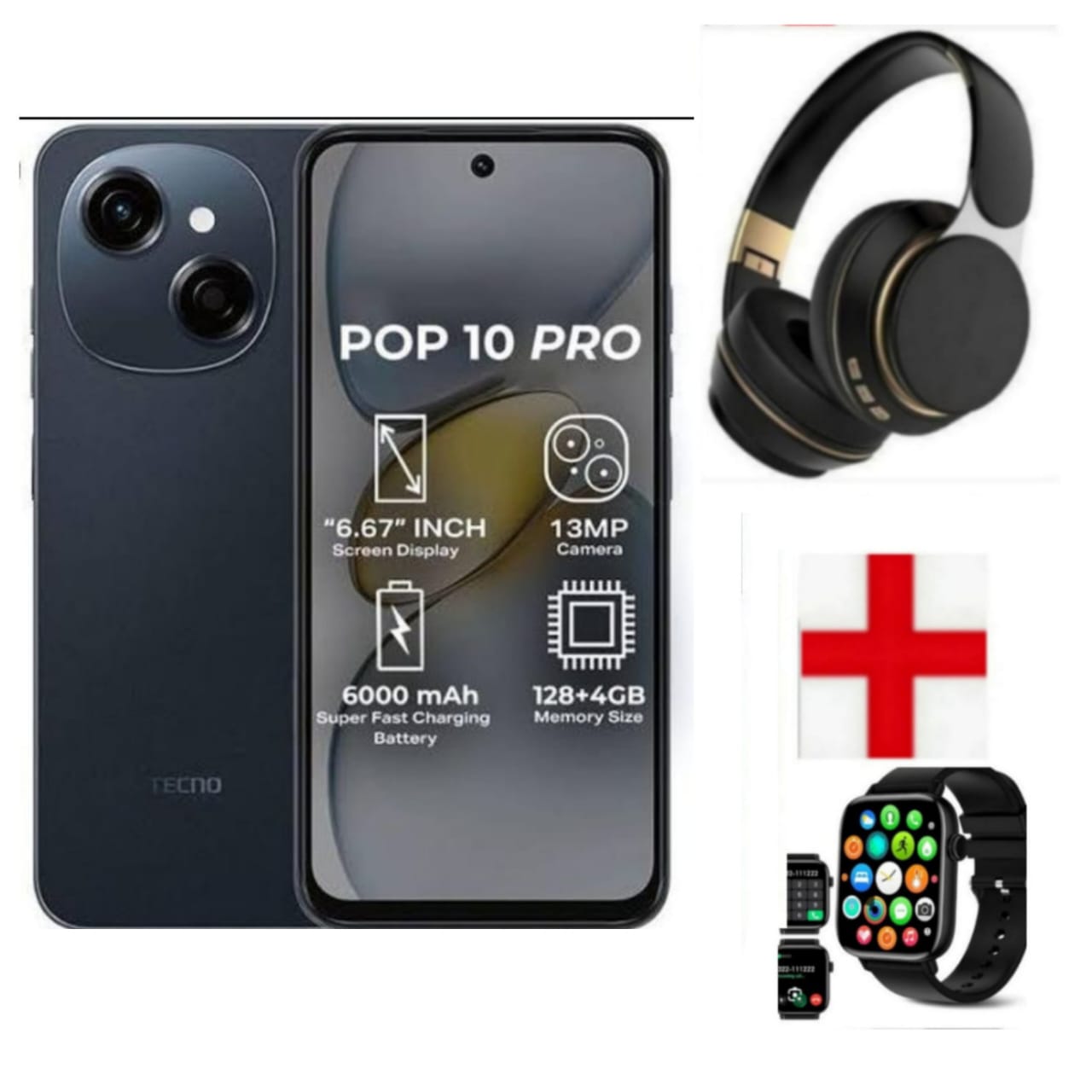 Tecno POP 10 Pro 120Hz 6.67'' 128GB ROM+4GB RAM +(4GB Extended),13MP Camera, IP64, 6000mAh 18W Fast Charging Battery-