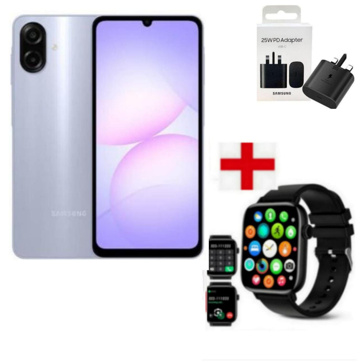 Samsung Galaxy A07, 6.7'' Display, 4GB RAM + 128GB ROM (Dual Sim) 50MP Camera, 5000mAh+ADAPTER AND SMARWATCH