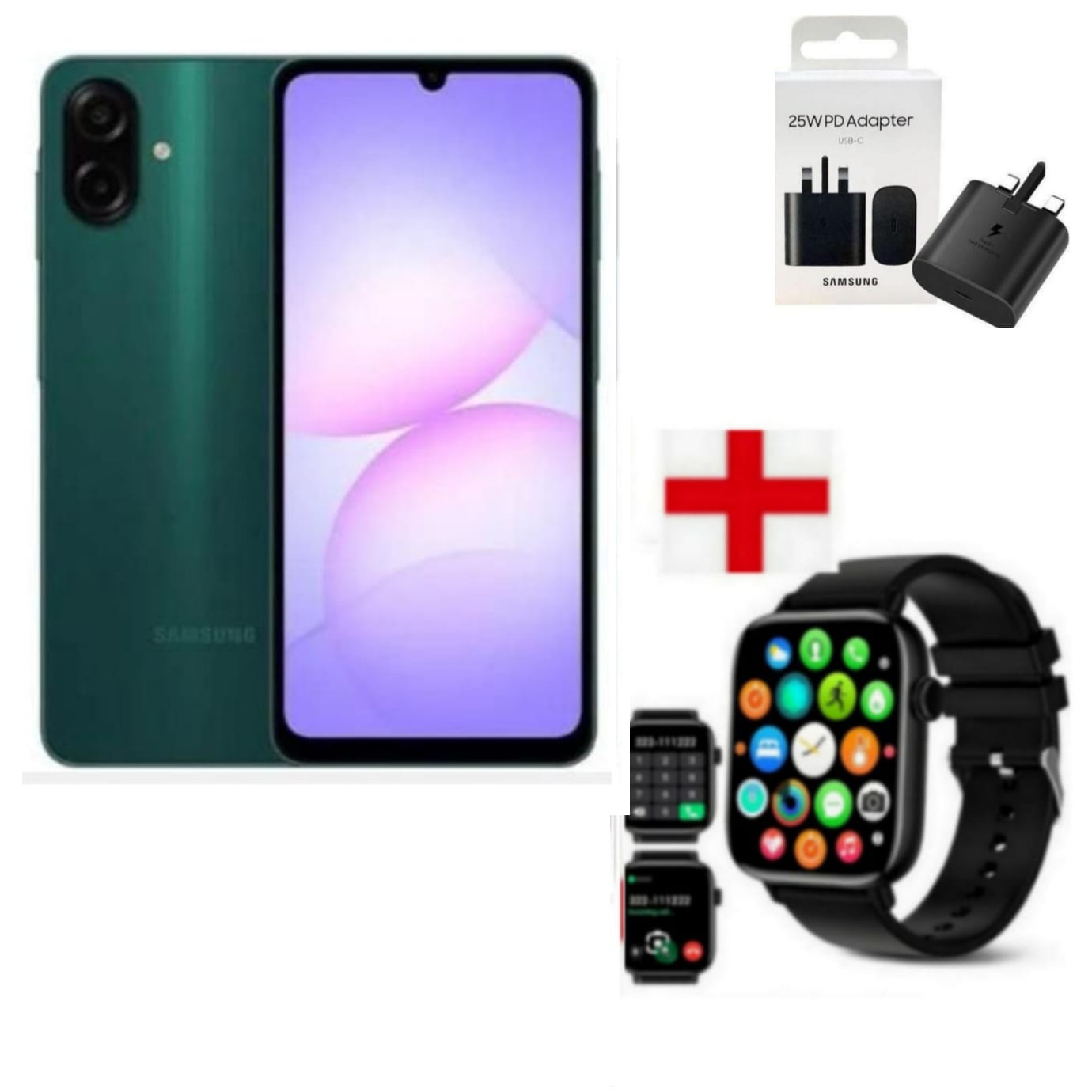 Samsung Galaxy A07, 6.7'' Display, 4GB RAM + 128GB ROM (Dual Sim) 50MP Camera, 5000mAh+ADAPTER AND SMARWATCH