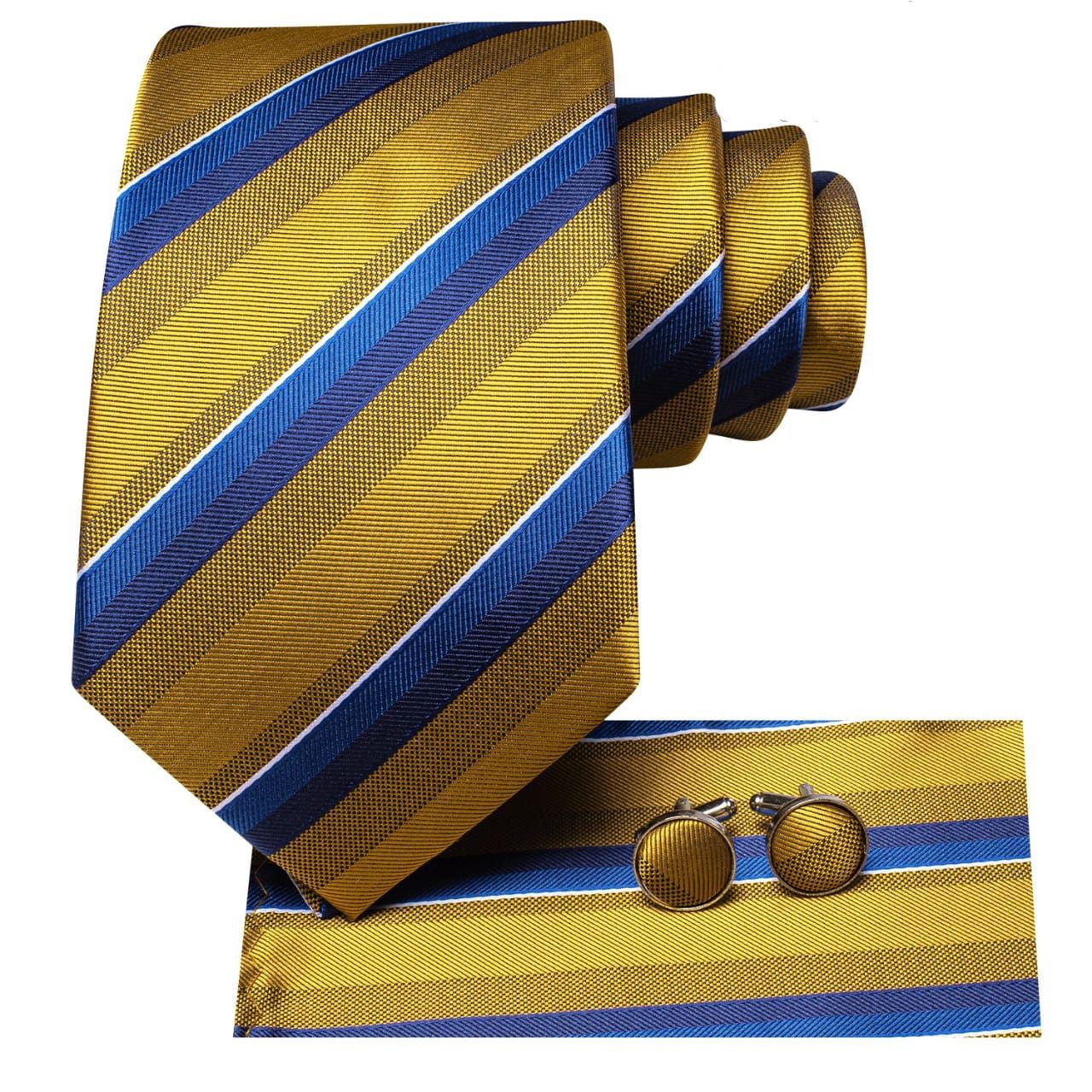 Gold and blue striped silk necktie