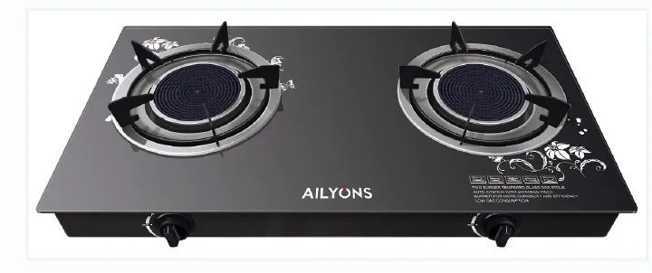 AILYONS Infrared 2 Burner Glass Top Gas Cooker - Infrared Double Burner + Free 6KG Regulator and Pipe