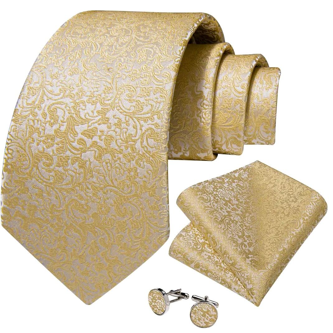 Tie paisley necktie with cufflinks and pocket square Floral light yellow