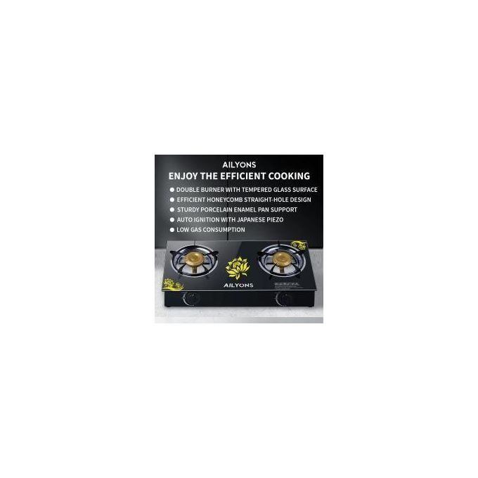 AILYONS GS014-4, 2 Burner Glass Top Gas Cooker & Infrared Double Burner, (1YR WRTY)