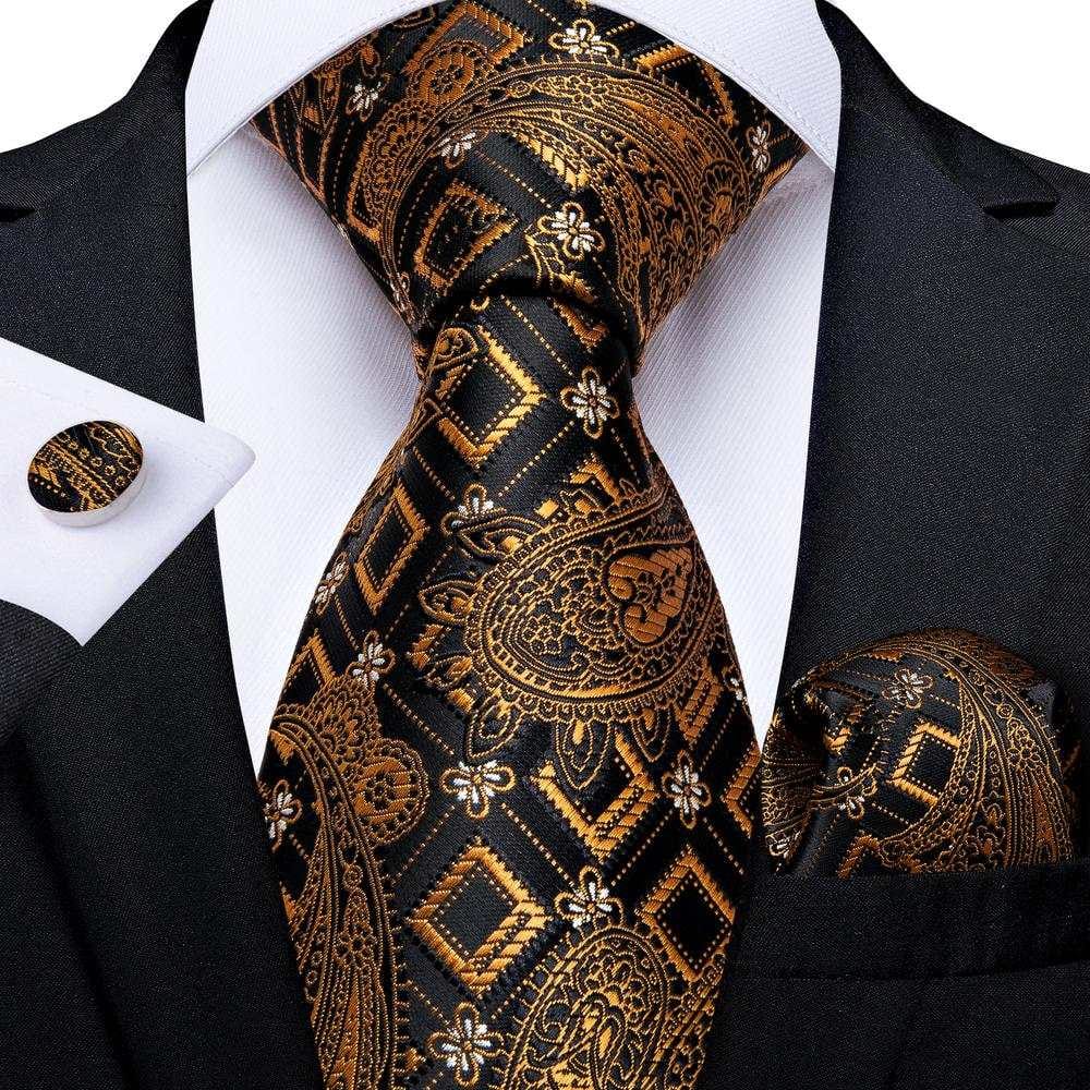 Black Gold Tie Silk Business Wedding Tie Suit Pocket Square Cufflinks Tie for Men