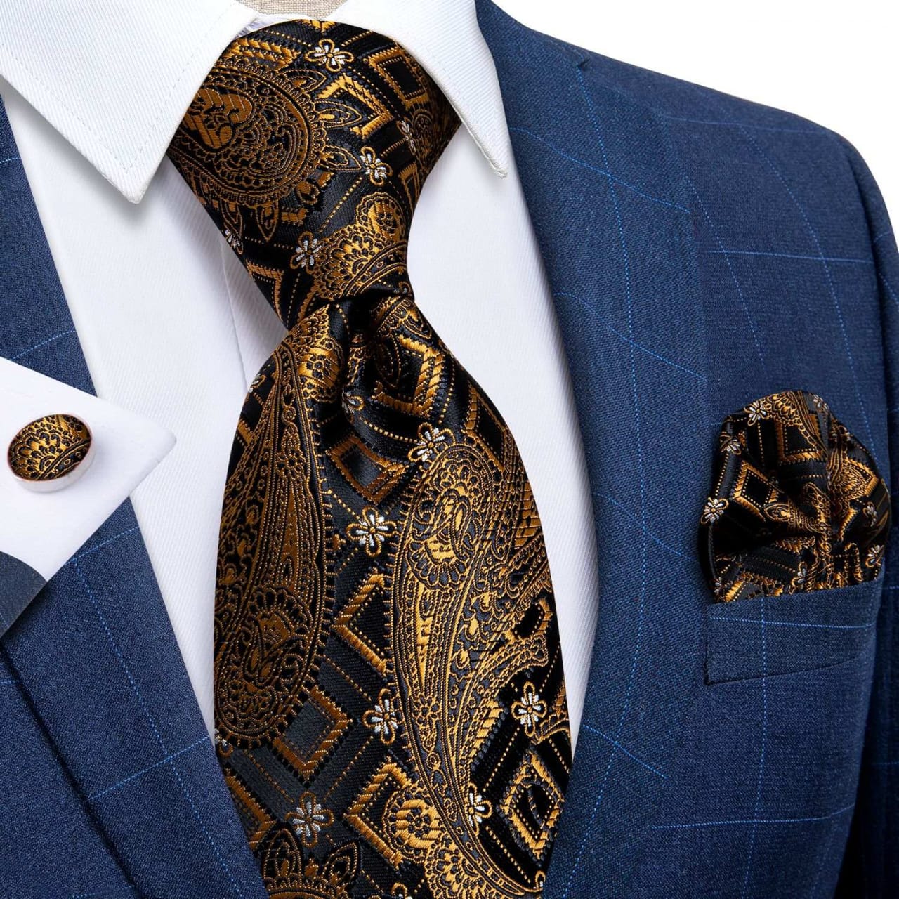 Black Gold Tie Silk Business Wedding Tie Suit Pocket Square Cufflinks Tie for Men