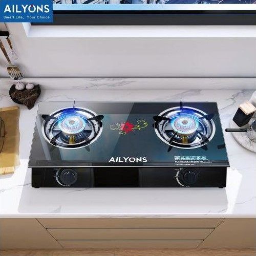 AILYONS GS014-4, 2 Burner Glass Top Gas Cooker & Double Burner, (1YR WRTY)