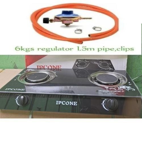 IPCONE Infrared 2 Burner Glass Top Gas Cooker - Infrared Double Burner + Free 6KG Regulator and Pipe