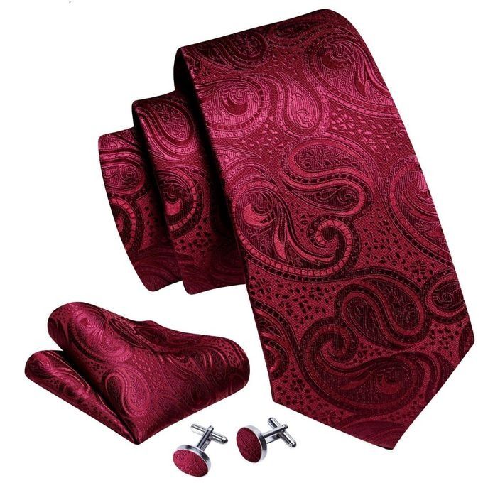 Tie Red black paisley with cufflinks and pocket square