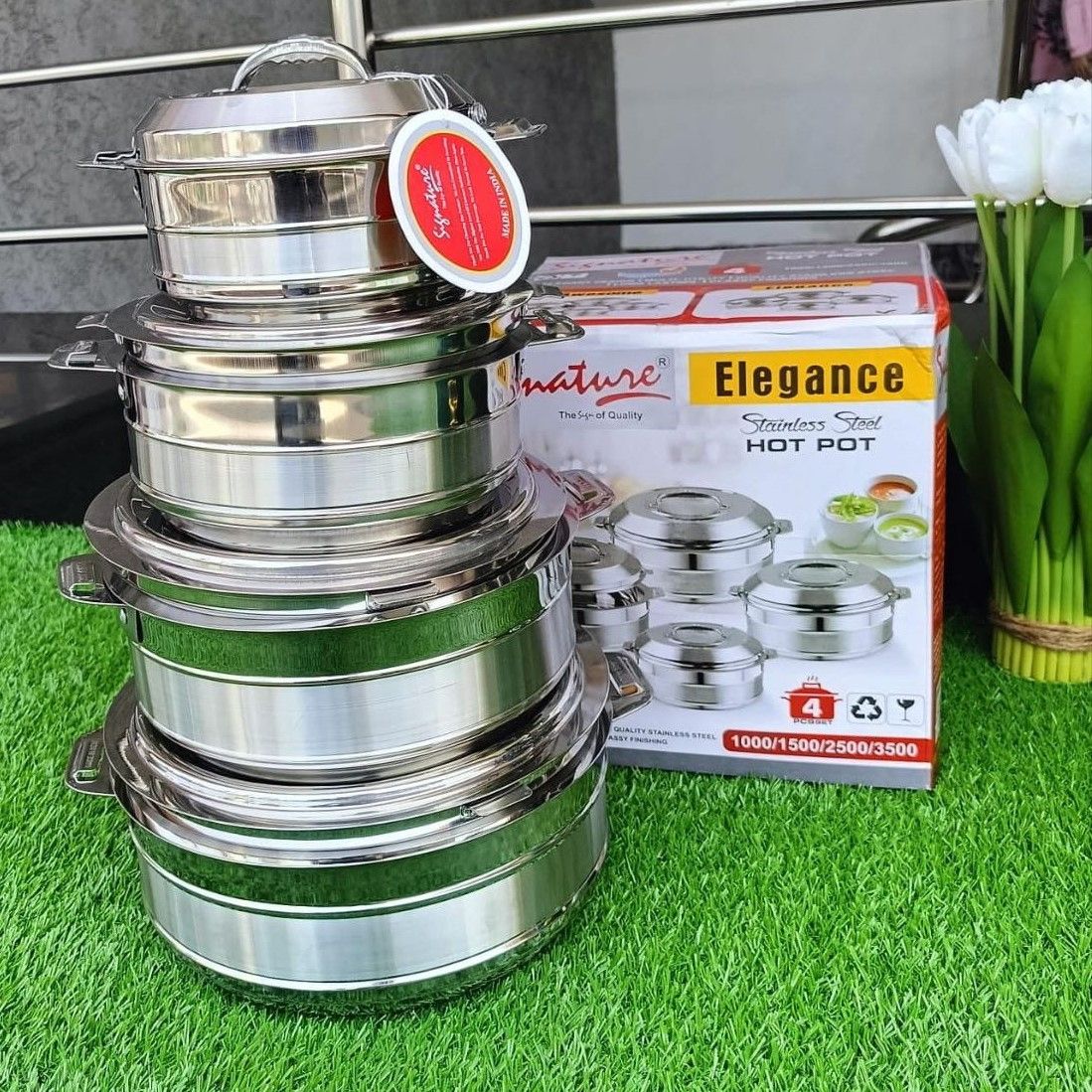Elegance Stainless Steel Hotpots - 4pcs Set 1000ML, 1500ML, 2500ML and 3500ML