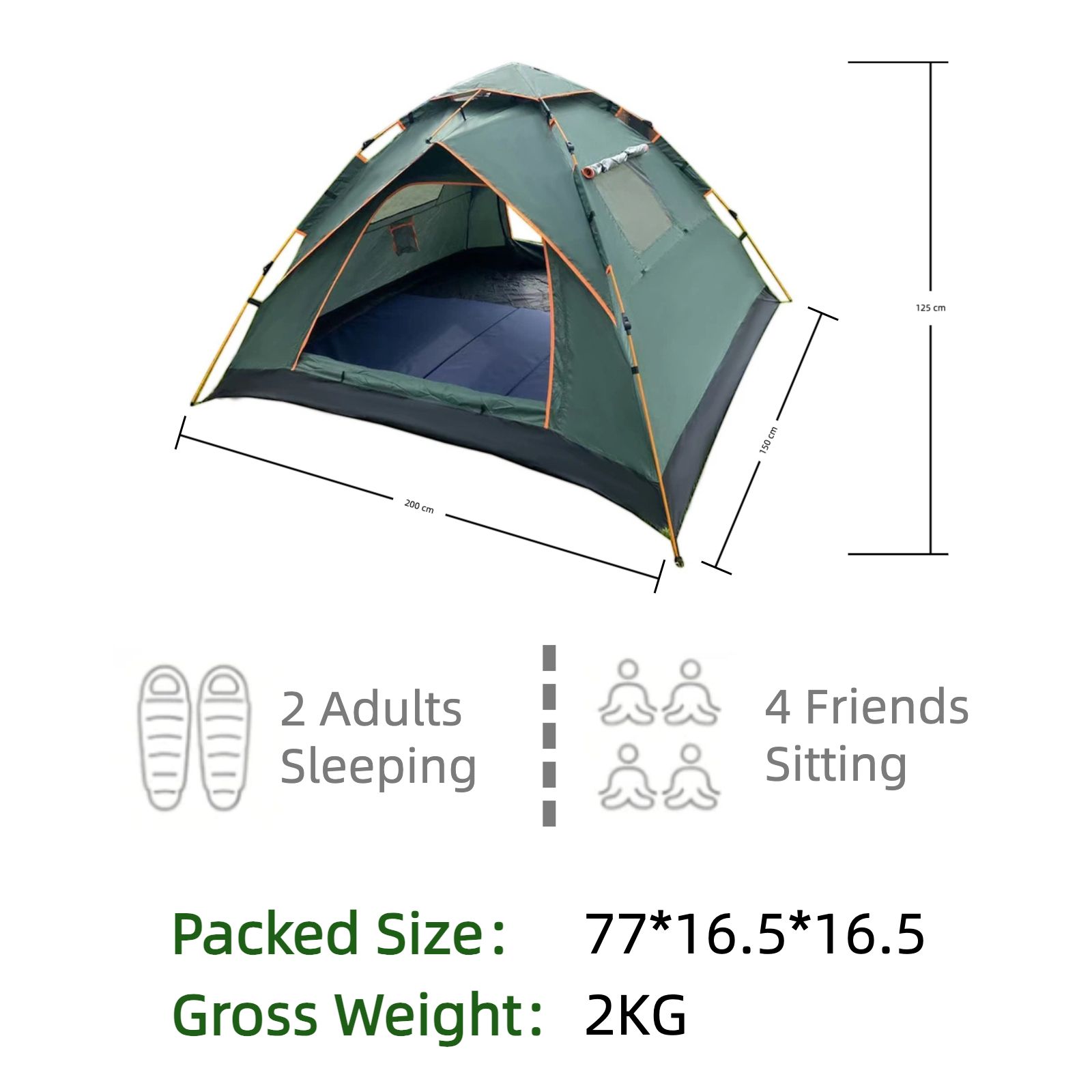 Exclusive Safari Instant Tent ⛺ | 2m × 1.5m Automatic Camping Tent with 2 Doors & 2 Windows | Spacious Outdoor Shelter for 2–3 People | Fast Setup Camping Tent