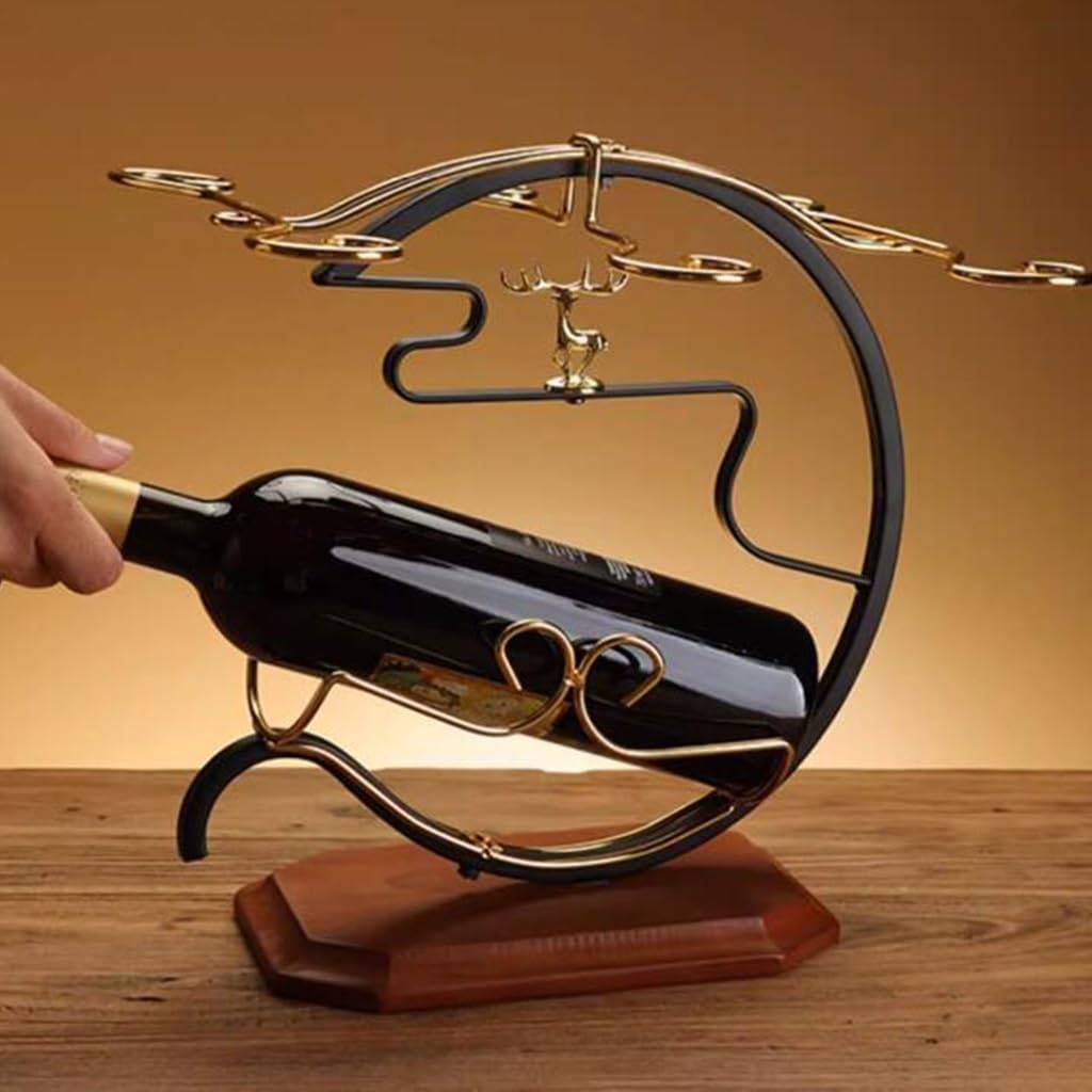 GOLDEN DEER WINE SET RACK - 1 BOTTLE SLOT, 6 WINE GLASS SLOTS