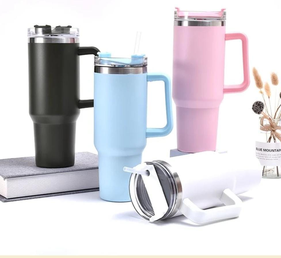 Oudonie 1.2L Bottle with Handle Hot Coffee Mug Cup Thermal Stainless Steel Tumbler with Straws Vacuum Flask Insulated Portable Cup