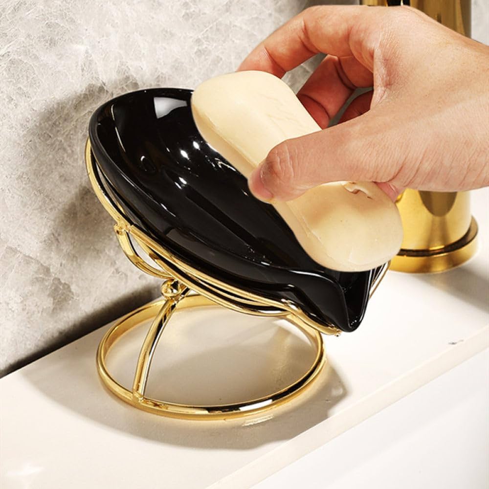 Bar Soap Holder Self Draining Soap Dish, Decorative Bathroom Soap Tray with Gold Iron Frame Creative Soap Box for Bathroom, Kitchen Sink Home Gift