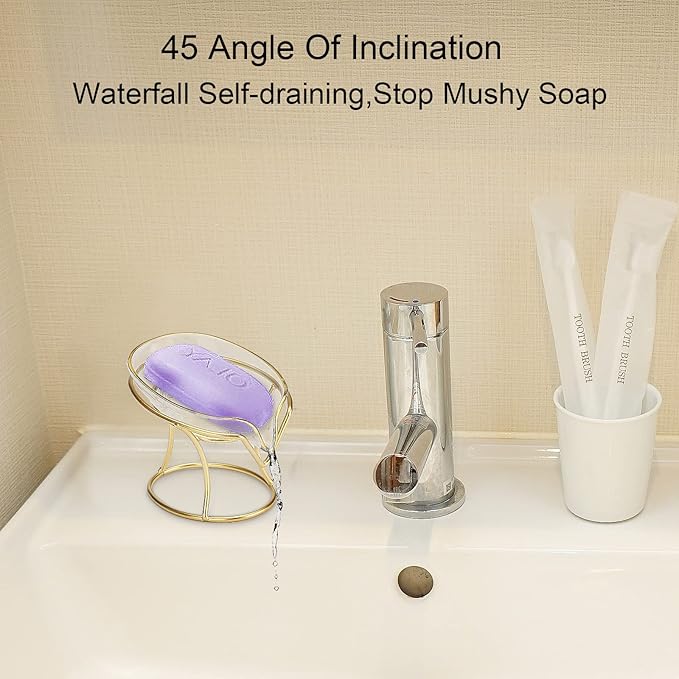 Bar Soap Holder Self Draining Soap Dish, Decorative Bathroom Soap Tray with Gold Iron Frame Creative Soap Box for Bathroom, Kitchen Sink Home Gift