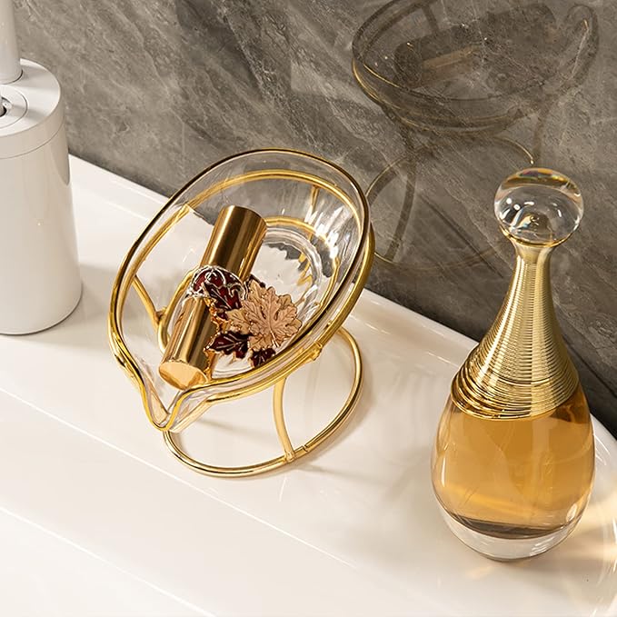 Bar Soap Holder Self Draining Soap Dish, Decorative Bathroom Soap Tray with Gold Iron Frame Creative Soap Box for Bathroom, Kitchen Sink Home Gift